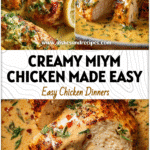 Baked Miym Chicken breast served in a dish with creamy sauce and fresh herbs for an easy oven dinner recipe